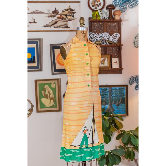 Vintage 60s Sailor Novelty Dress, Yellow Striped Sundress Sailboat Seagulls XS - Picture 13 of 15